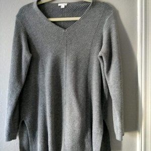 J Jill Gray Pullover Tunic Textured Sweater V Neck Size M